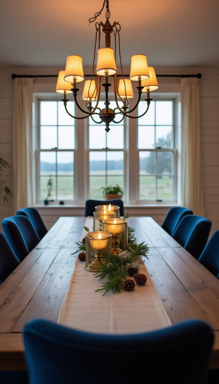 Low-angle view of a cozy 12x14ft dining room at dusk with a farmhouse table adorned with a natural linen runner, cedar garland, mercury glass and brass candleholders, pinecones, and eucalyptus, surrounded by navy velvet chairs under a glowing chandelier.