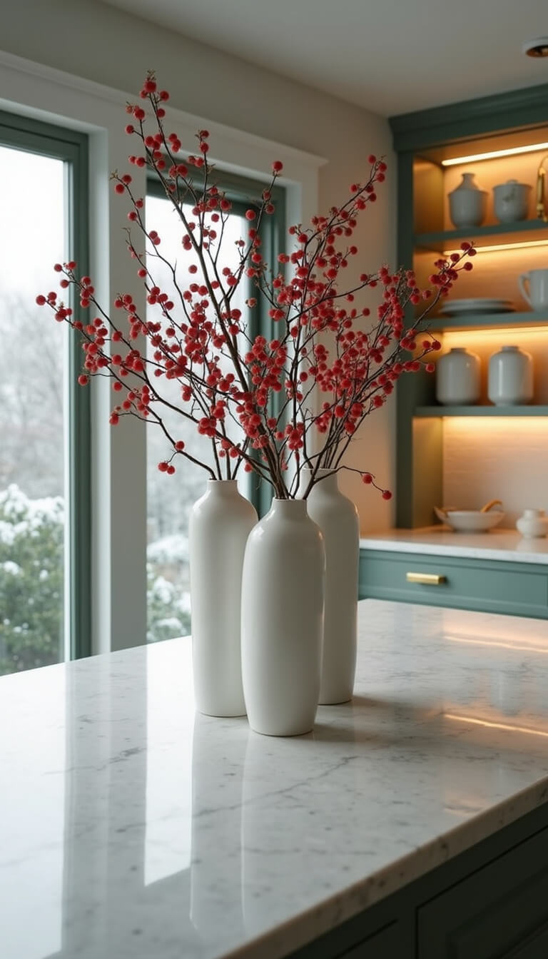 Overhead view of modern 15x18ft sage green and white kitchen with marble island, asymmetrical white vases holding red berries, brass accents, warm under-cabinet lighting, frost-touched windows, and ceramic collections on open shelves.