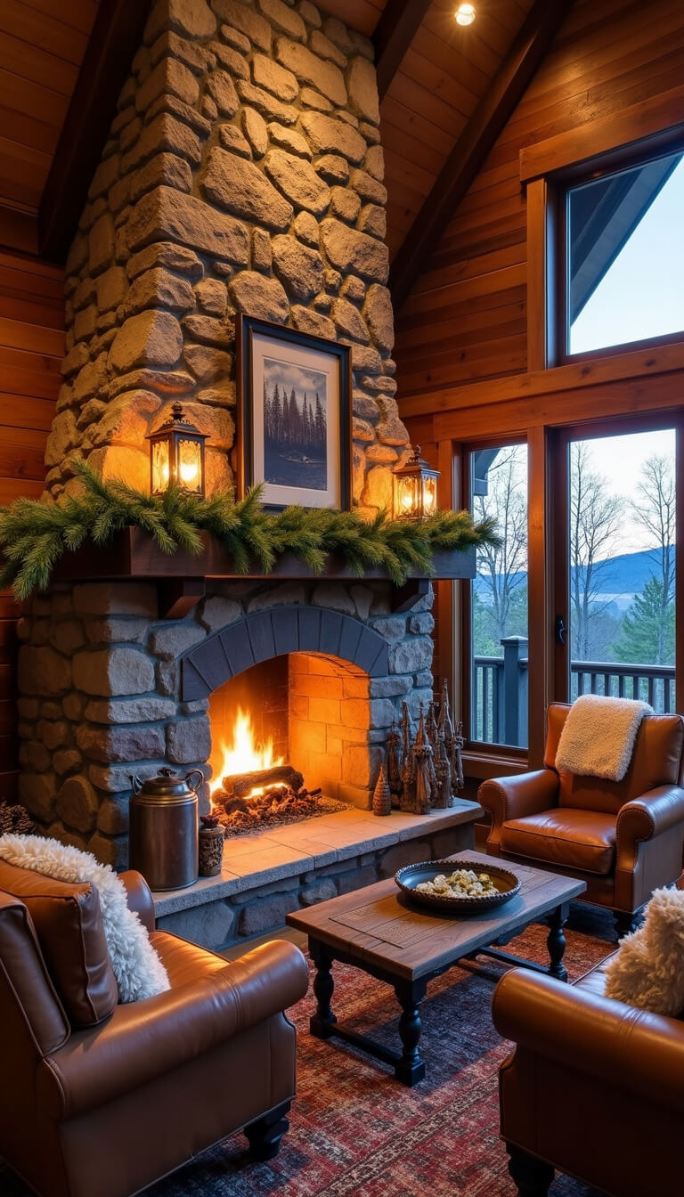Cozy rustic cabin den with stone fireplace adorned with pine garland and copper lanterns, surrounded by timber walls, leather armchairs with sherpa throws, and mountain-themed decor.