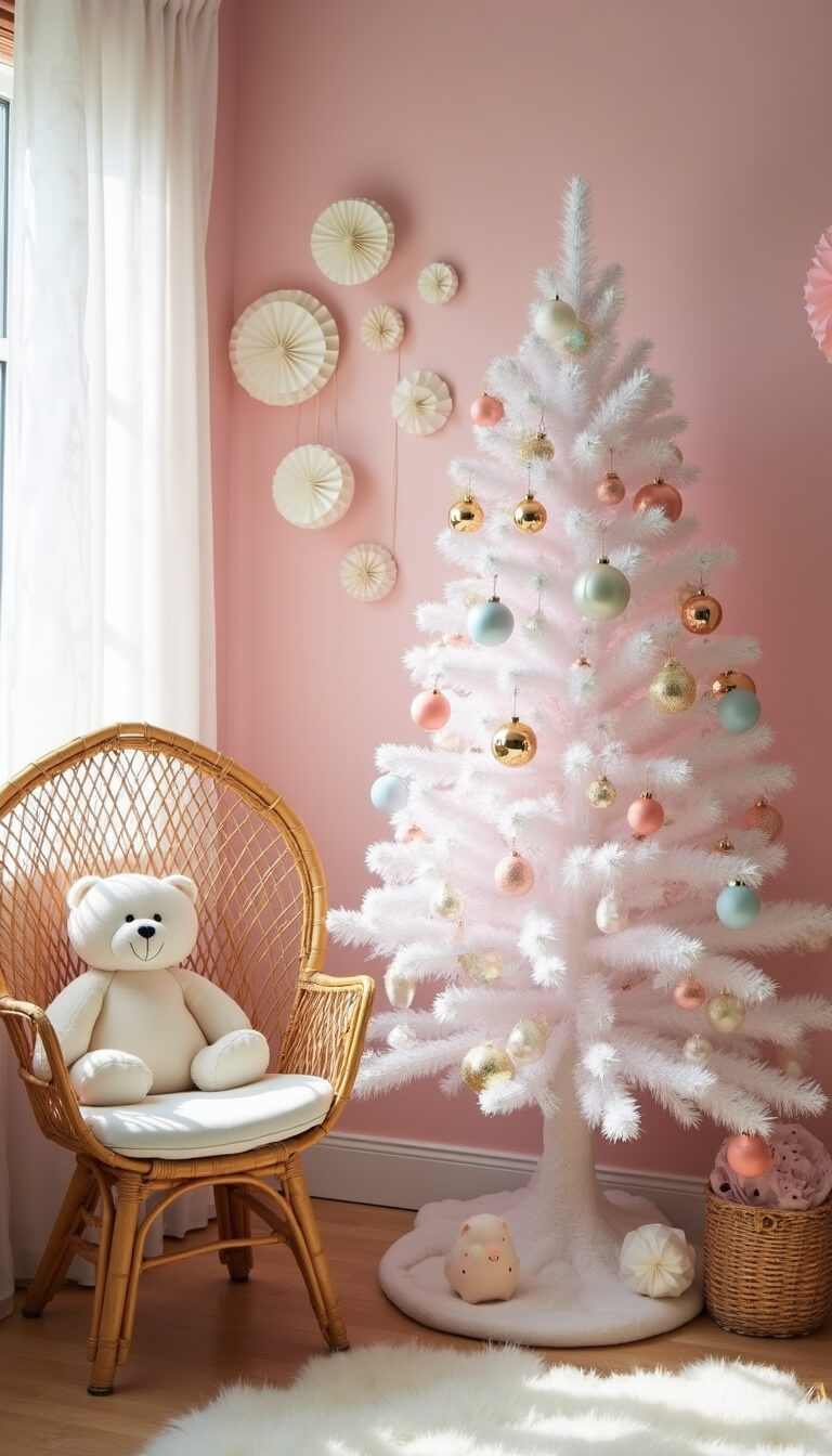 Whimsical playroom with blush pink walls, white flocked Christmas tree decorated with pastel ornaments, rattan peacock chair holding a stuffed polar bear, and rose gold accents in a symmetrical, magical setting.