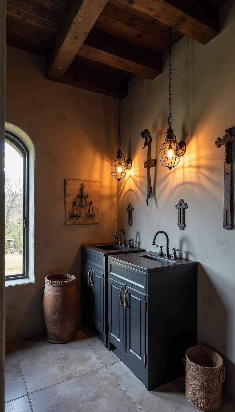 Western gothic laundry room showcasing dark timber beams, stone-gray walls, black pendant lighting, leather hamper, bronze sink, and antique wall accents bathed in golden hour light.