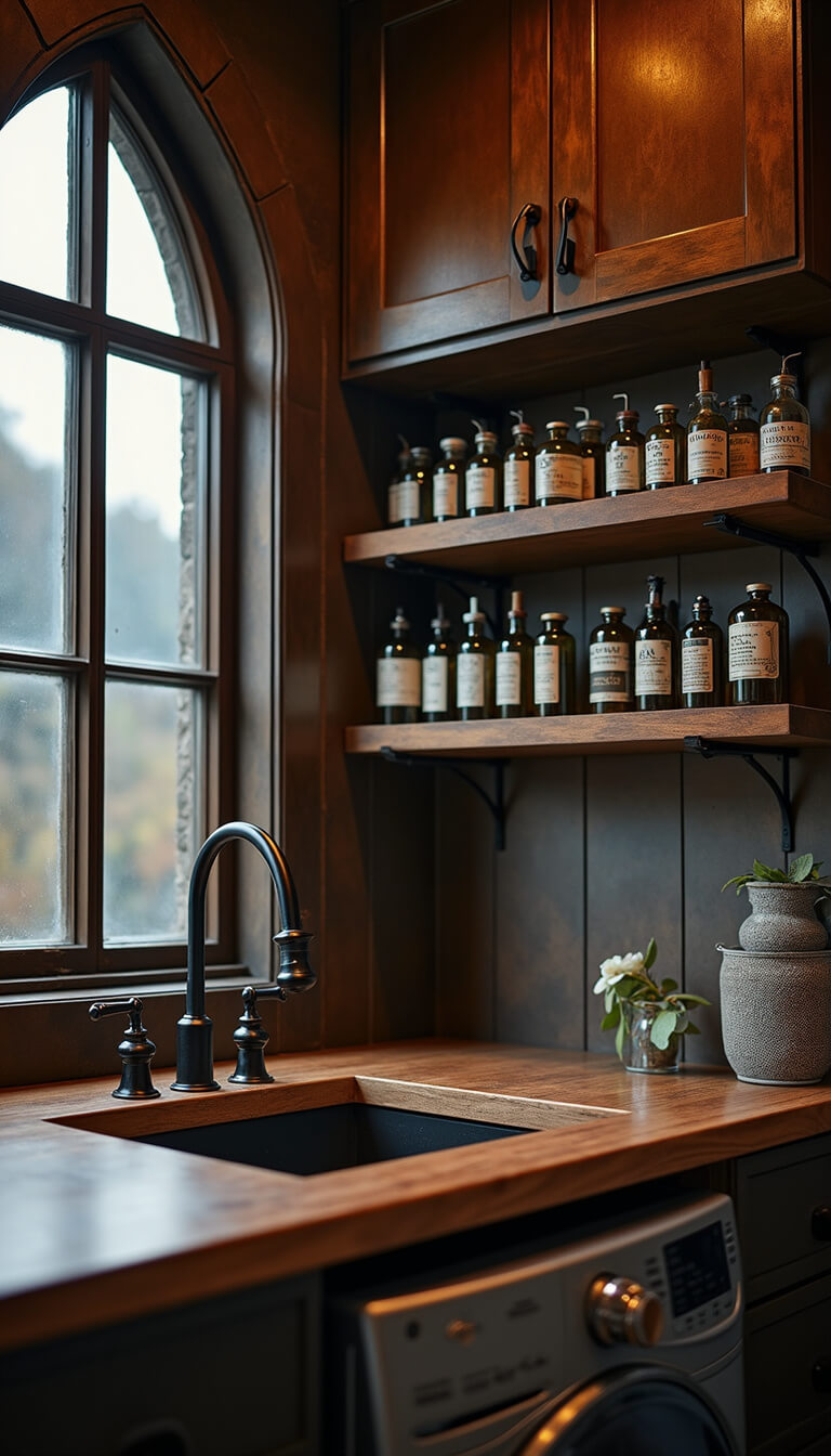 Close-up of aged bronze cabinetry with leather handles, vintage glass bottles on open shelving, gothic arch window casting intricate shadows, and a rich wood countertop with black metal brackets.