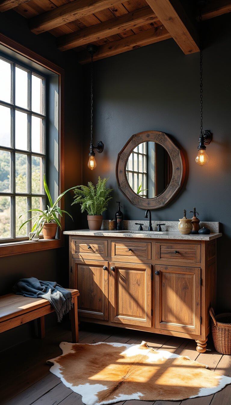Western gothic folding station featuring reclaimed wood island, leather-look granite countertop, wrought iron ceiling rack, vintage mirrors on charcoal walls, cowhide bench, and Edison bulb lighting.