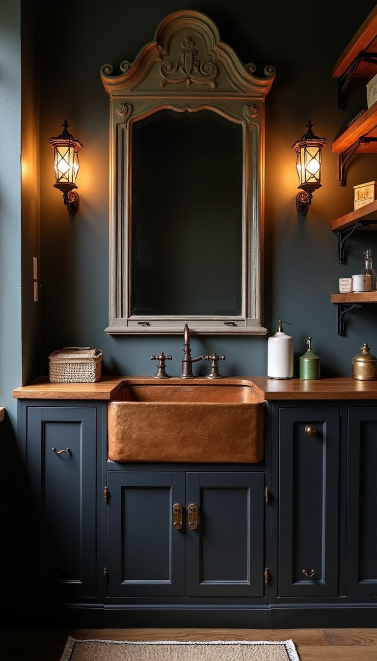 Evening scene of a utility sink area with hammered copper farmhouse sink, aged bronze faucet, matte black cabinetry, gothic sconces, antiqued mirror, and vintage laundry accessories on dark wood shelves.