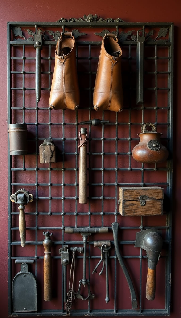 Close-up of a western gothic organizing wall with black metal grid, leather pouches, rustic wooden boxes, vintage washboards, and iron tools against a deep burgundy background, illuminated by directional lighting.