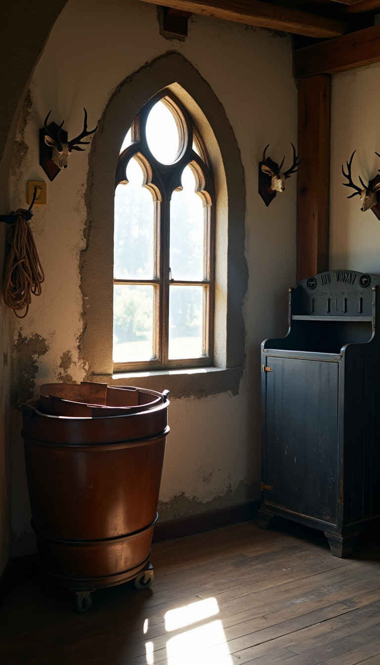 Morning sunlight streaming through a gothic window onto a vintage sorting area with leather hamper cart, coiled ranch rope, and mounted antlers on weathered wood walls.