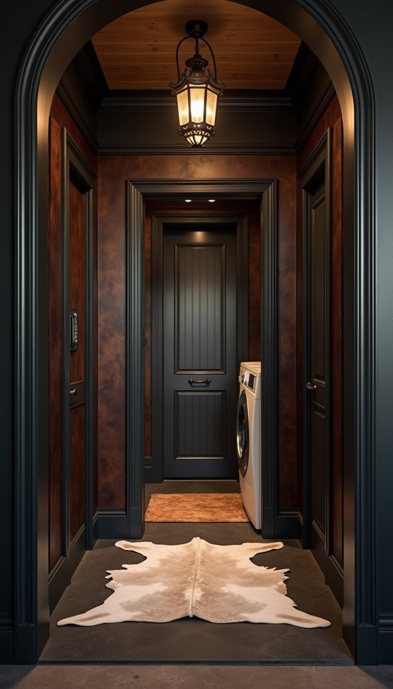 Twilight view of laundry room entrance with arched doorway, wrought iron hardware, vintage bronze lantern, charcoal walls, leather panels, cowhide rug, and moody ambient lighting.