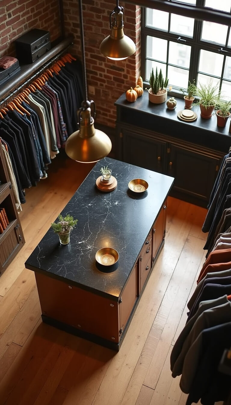 Overhead view of a stylish central workspace with black granite island, warm bronze lighting, iron pipe racks, and a blend of wood and metal finishes.