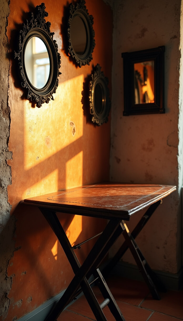 Close-up of folding table corner with distressed leather, sunset lighting, oxidized copper backsplash, vintage mirrors, iron drying racks, and gothic artwork in black frames.