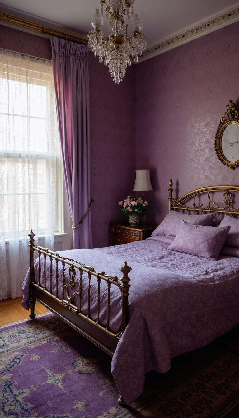 Victorian-inspired purple bedroom with antique brass bed, damask bedding, lace curtains, ornate wallpaper, and Persian rug illuminated by morning light.