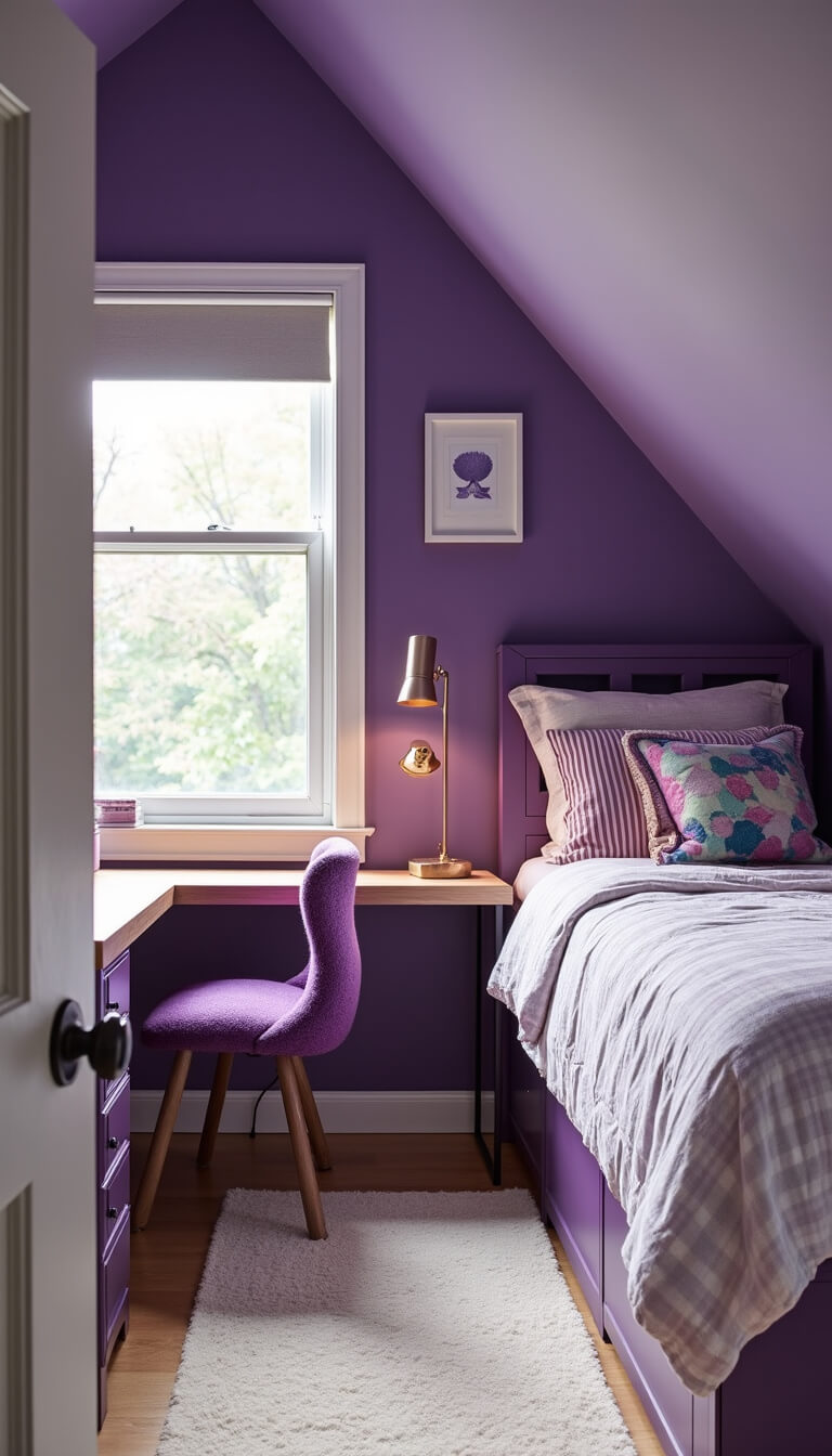 Teen bedroom with diagonal purple walls, loft bed, purple ombré desk chair, rose gold accents, and bright daylight through roller blinds.