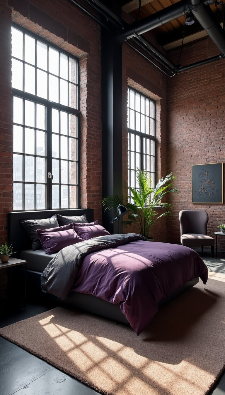 Industrial-style purple loft bedroom with exposed brick, matte black piping, and afternoon sunlight streaming through large factory windows.