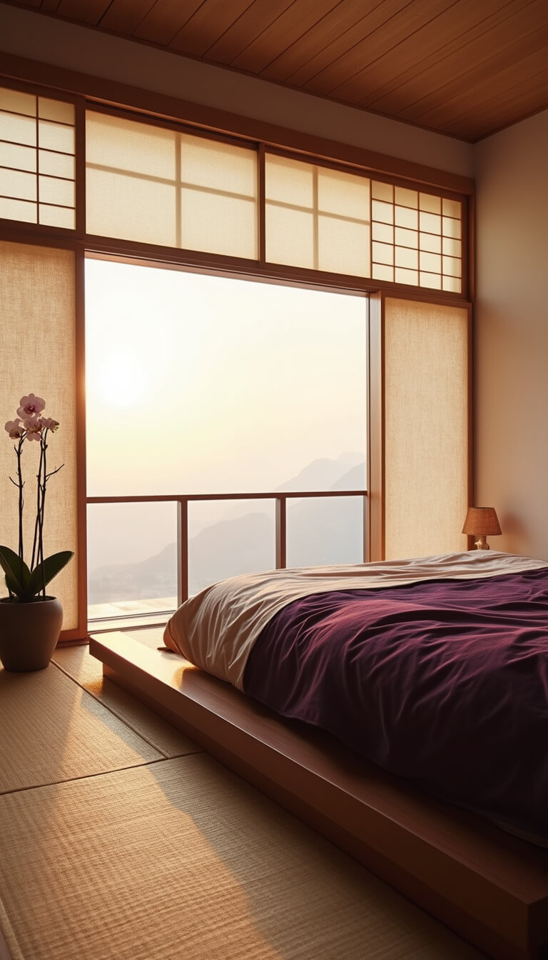 Minimalist Japanese-inspired bedroom with low platform bed, aubergine and cream bedding, bamboo accents, and orchid plant illuminated by dawn light through paper screens.