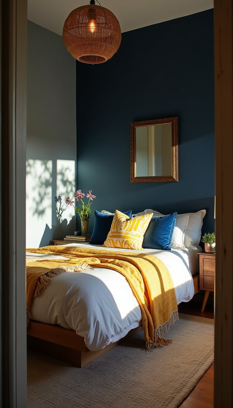 Bohemian bedroom with deep indigo walls, layered textiles on a platform bed, rattan pendant lighting, and a vintage brass mirror glowing in golden hour light.