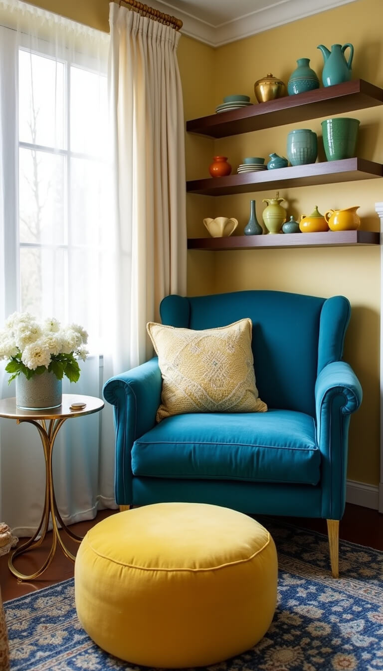 Inviting reading corner with a peacock blue armchair, yellow pouf, layered rugs in blue and cream, shelves adorned with yellow and turquoise ceramics, illuminated by morning sunlight.