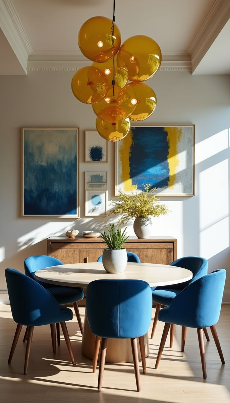 Contemporary boho dining area with a round bleached wood table, blue velvet chairs, yellow glass pendant light, abstract blue and yellow artwork, and soft afternoon shadows.