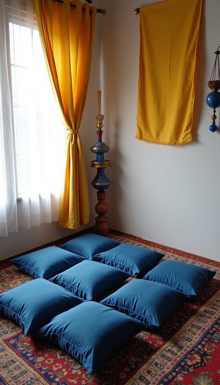 Low-angle view of indigo floor cushions arranged on layered vintage rugs in a meditation corner with yellow prayer flags, brass wall hangings, blue ceramic incense holders, and soft morning light filtering through sheer curtains.
