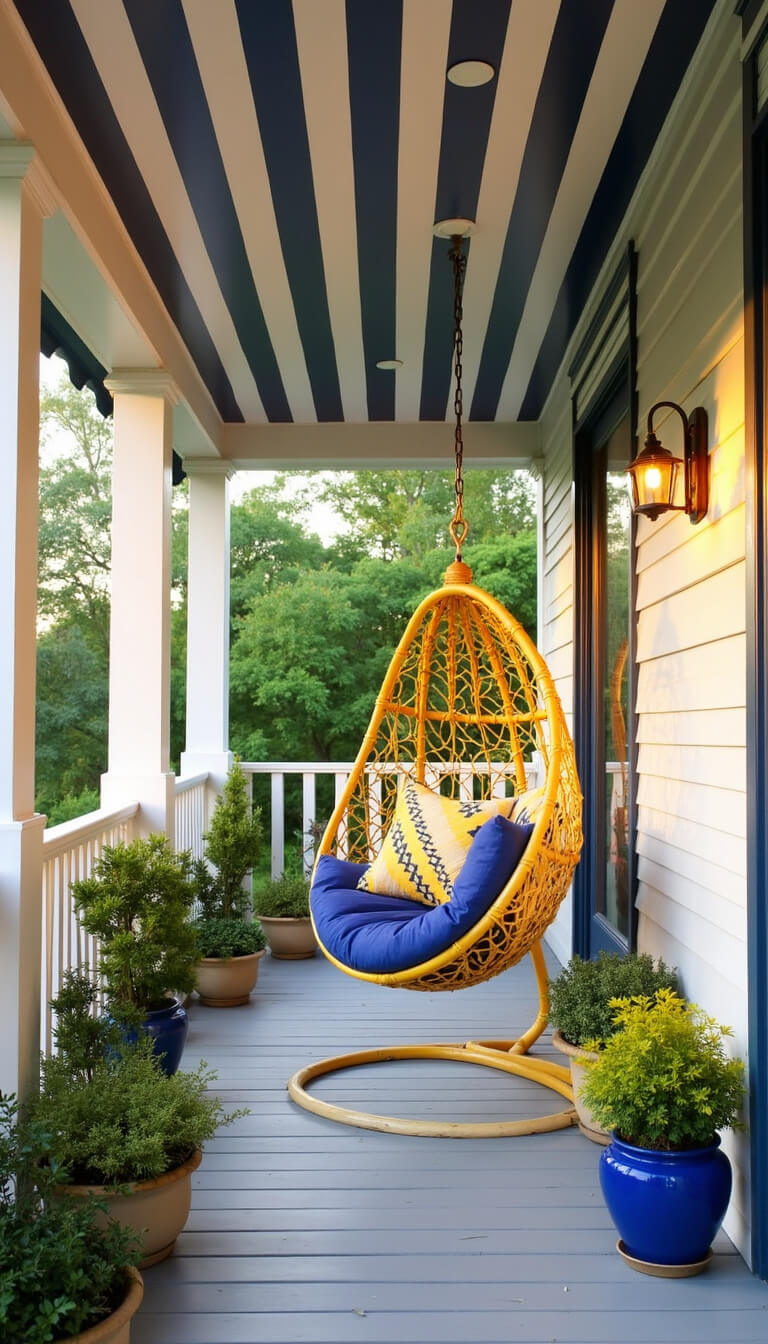 Covered porch with navy and white striped ceiling, yellow rattan hanging chair with blue cushions, potted plants in blue and yellow planters, vintage kilim pillows, and warm golden hour lighting.