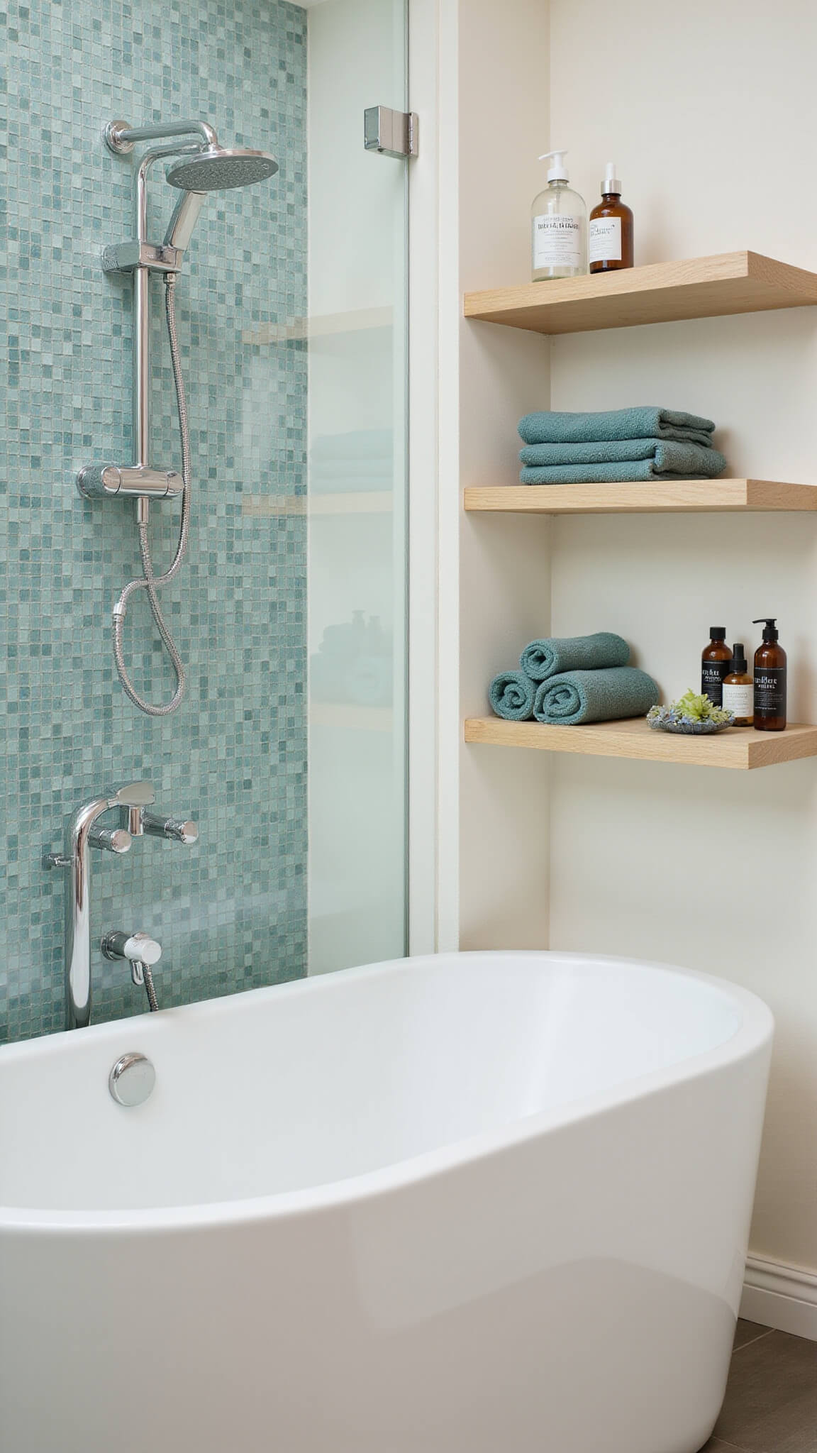 Contemporary bathroom with white acrylic bathtub, aqua mosaic wall tiles, glass shower partition, chrome fixtures, and wooden shelving with spa accessories.
