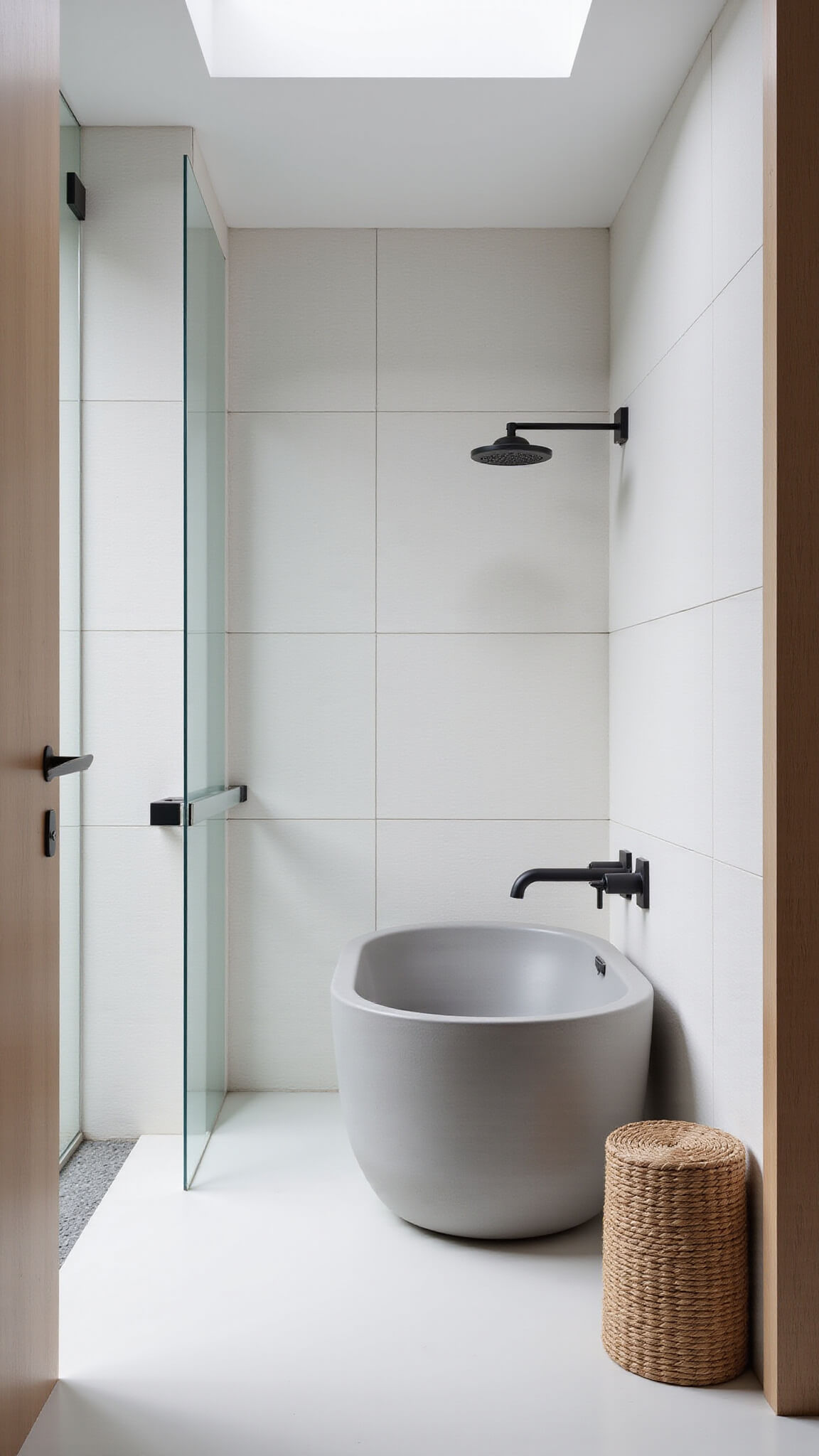 Bright Scandinavian-style wet room with gray oval tub, textured white tiles, matte black fixtures, pale wood accents, and natural light from a skylight.