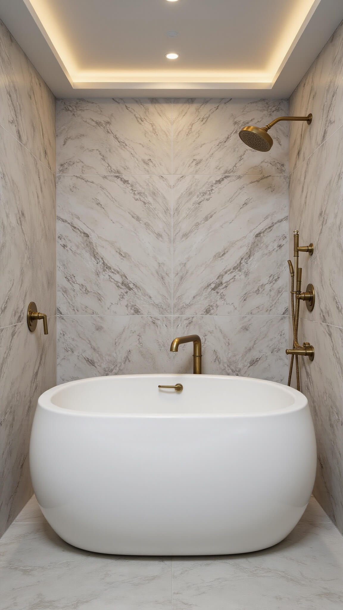 Luxurious boutique hotel-inspired bathroom with pearl white freestanding tub, marble-effect walls, bronze fixtures, and ambient LED lighting at dusk.