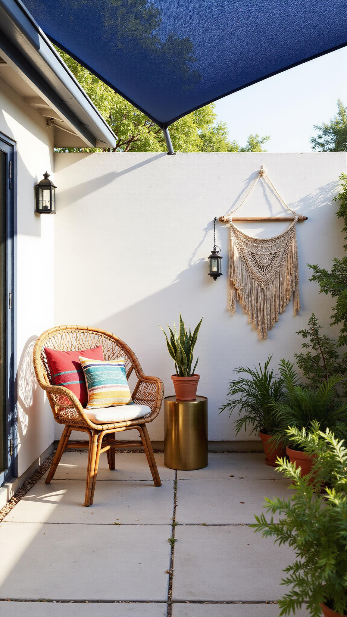 Eclectic patio corner featuring a navy blue shade sail, rattan chair with vibrant cushions, brass side table, potted greenery, and geometric shadows cast on concrete tiles.