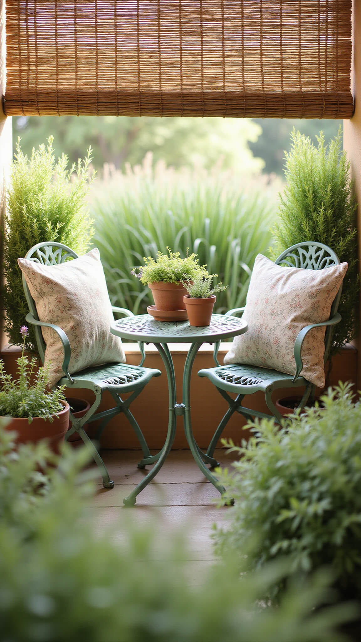 Intimate garden corner with sage green vintage bistro set, earth-toned patterned cushions, surrounded by terracotta herb pots and ornamental grasses, illuminated by soft afternoon sunlight.