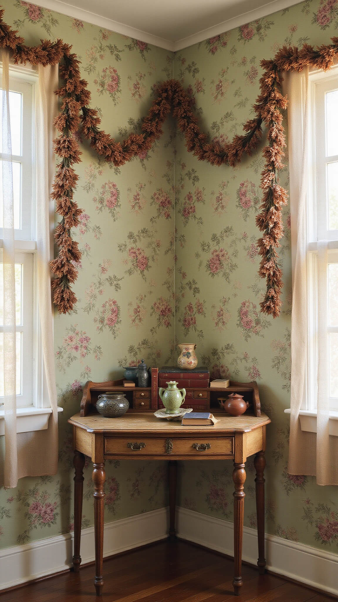 Artisan workspace with an antique desk beneath floral wallpaper, adorned with dried flower garlands, vintage books, and pottery, glowing in golden hour light.