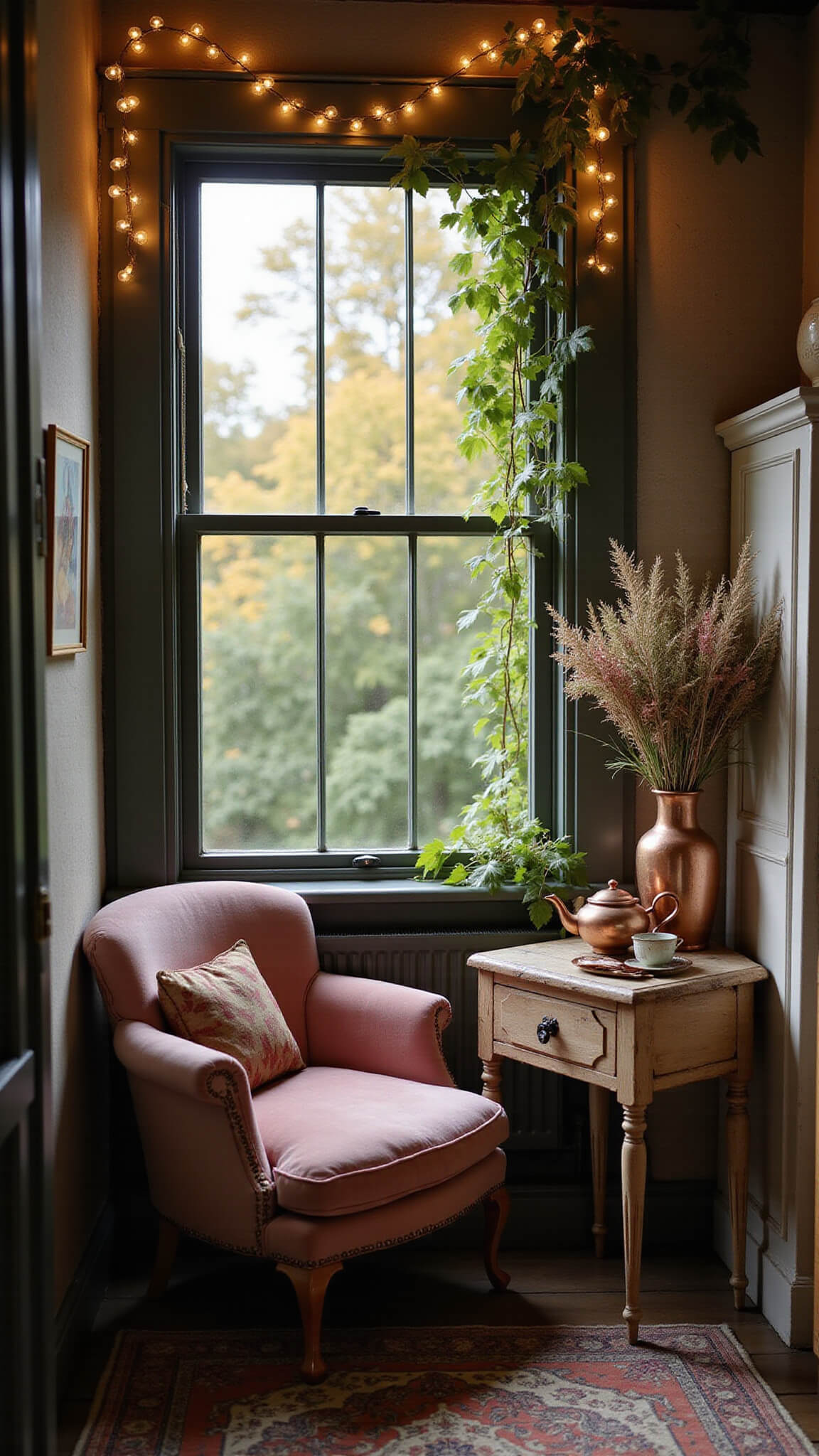 Inviting reading nook in a window alcove with a dusty rose armchair, copper tea set on a wooden table, fairy lights, and golden sunlight filtering through ivy.