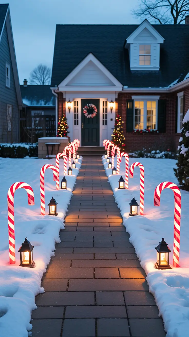 Candy cane stakes with lanterns