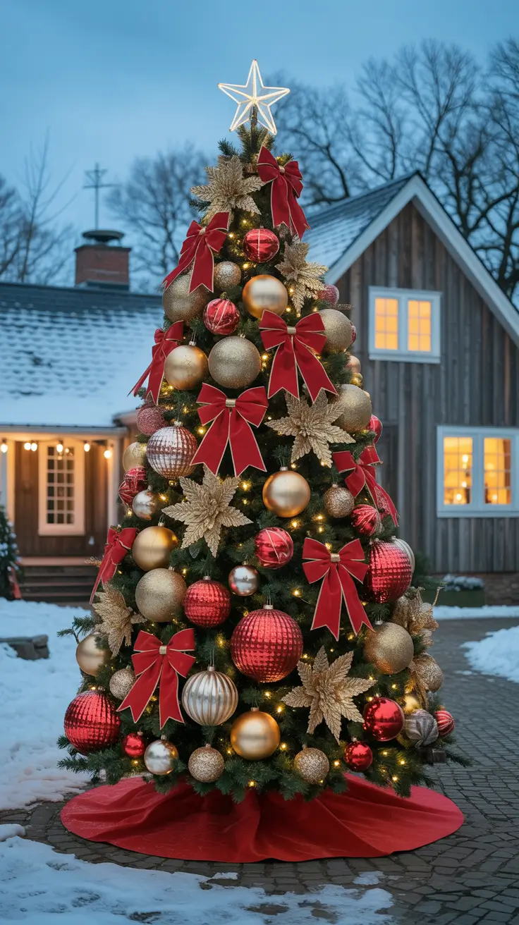 Outdoor Christmas tree with large ornaments