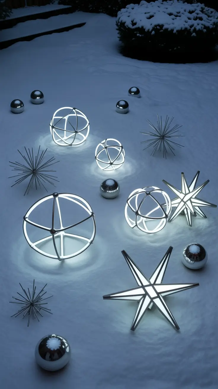 Geometric LED sculptures in yard