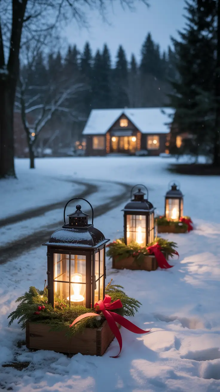 Lanterns with evergreen sprigs