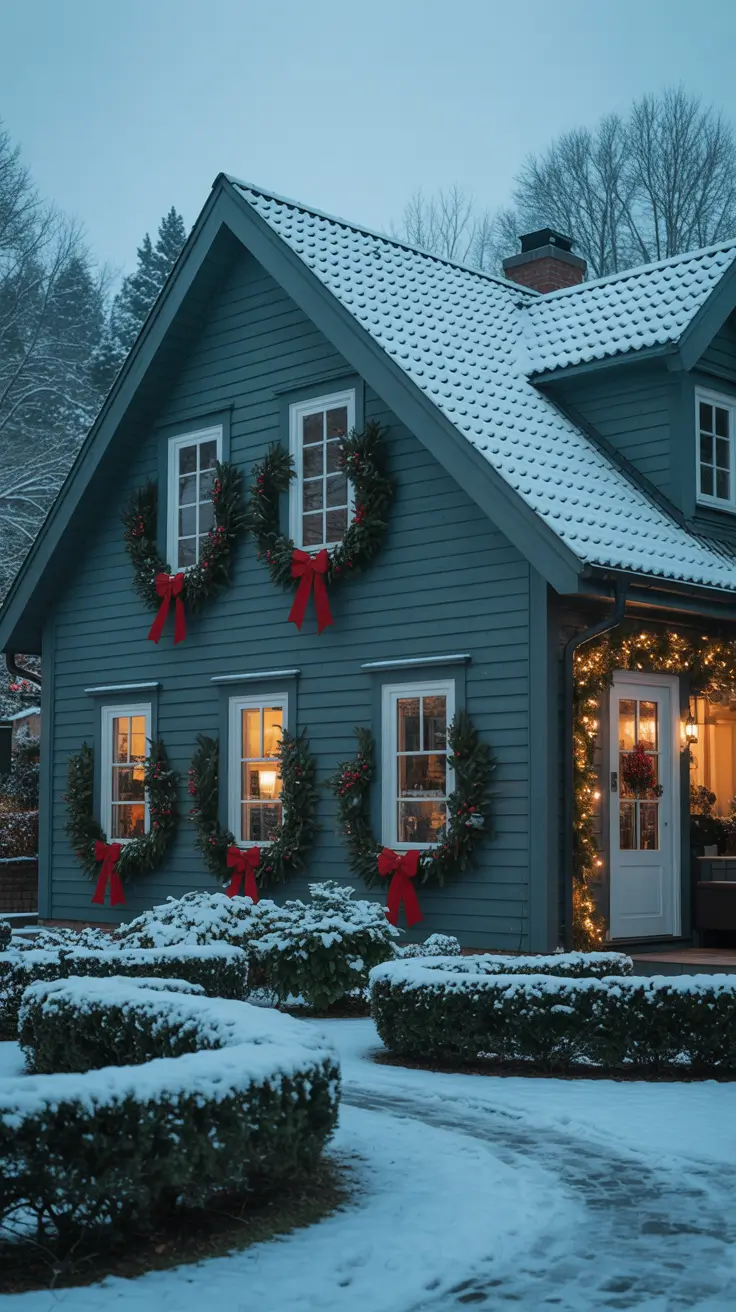 Window wreaths with red bows