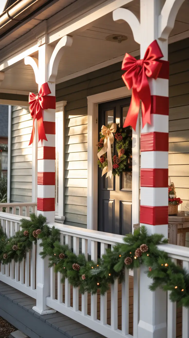 Porch columns wrapped with candy cane ribbons