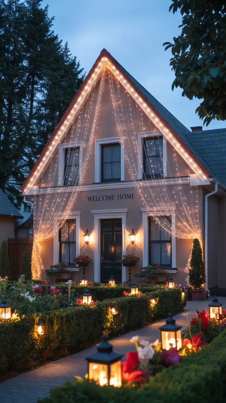 Warm white string lights on roof