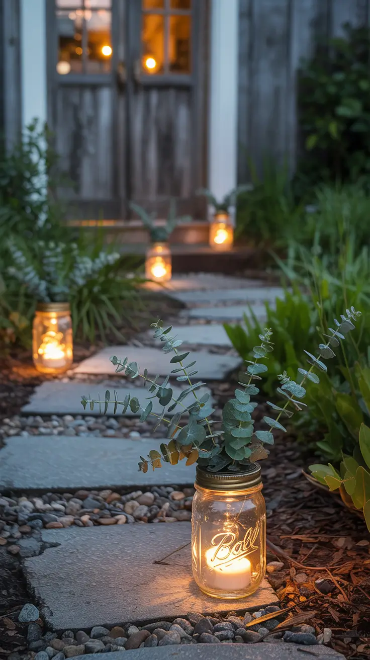 Mason jar lanterns along pathway