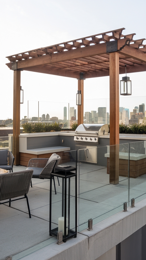 Rooftop Outdoor BBQ Area with Pergola