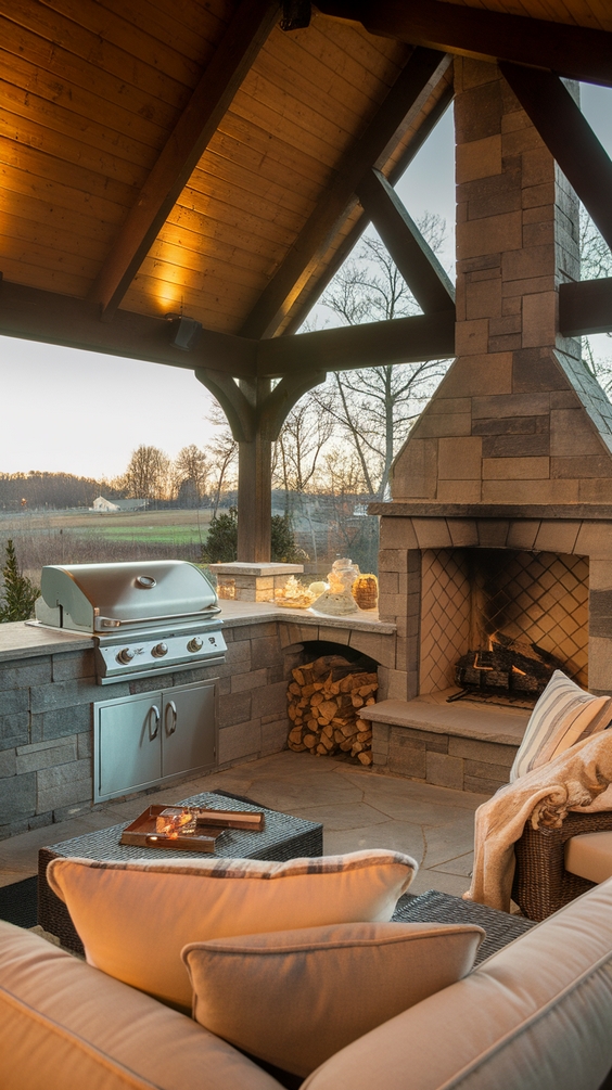 Outdoor BBQ Area with Fireplace and Roof