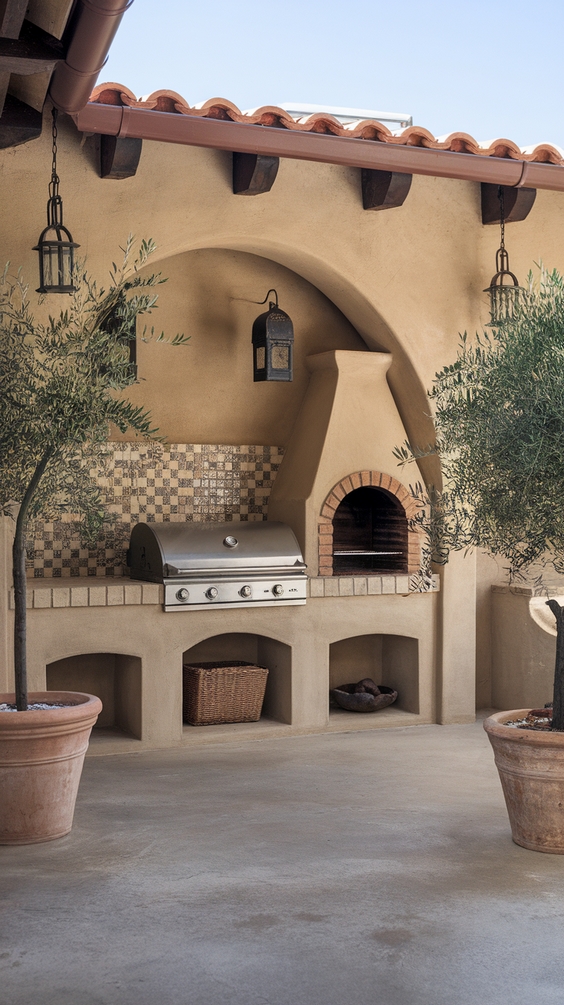 Mediterranean Style Outdoor BBQ Area with Roof