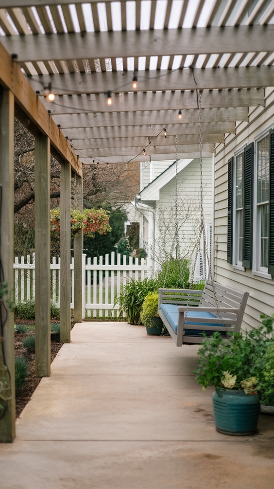 Wooden patio pergola with swing bench and hanging herbs