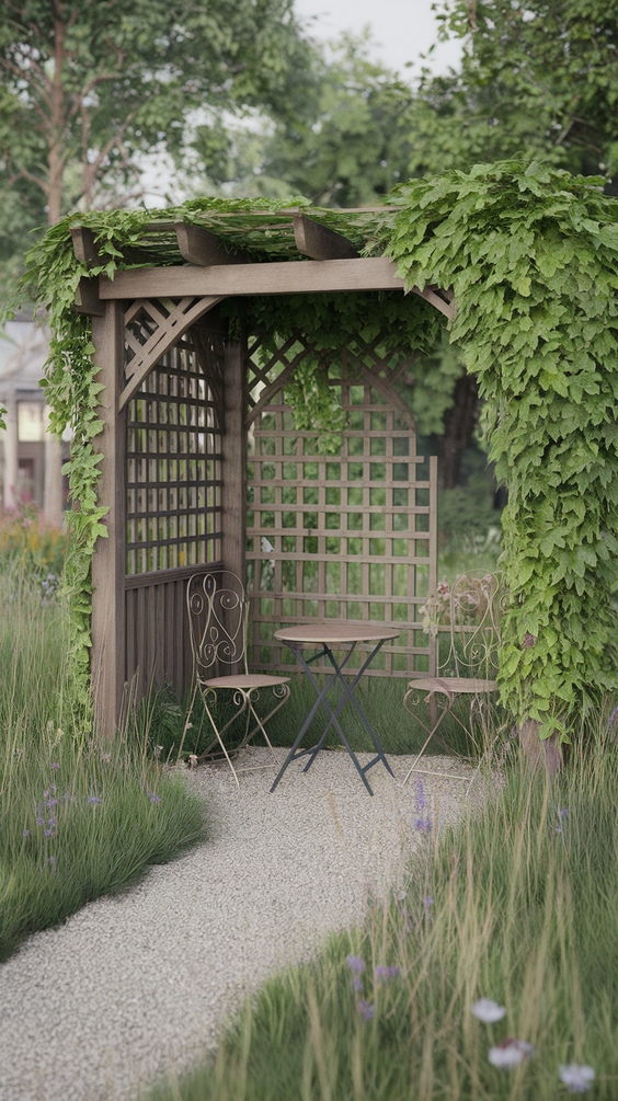 Rustic garden pergola with jasmine and wrought iron bistro set