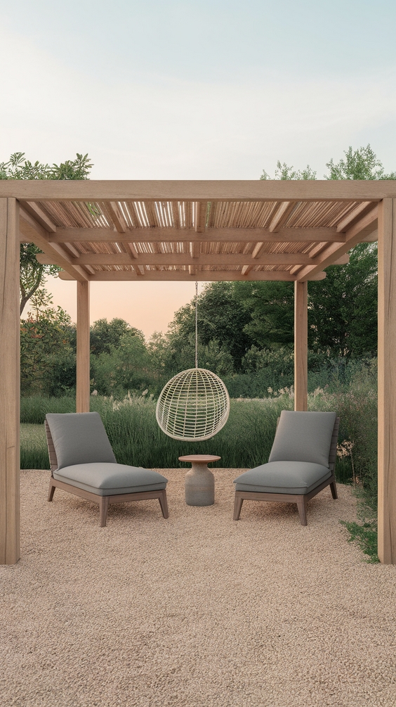 Minimalist pergola with hammock chair and lounge seating
