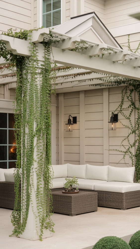 House-attached white pergola with outdoor lounge
