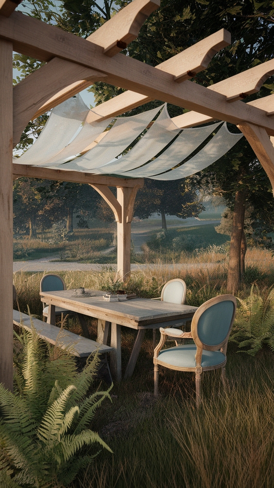 Wooden cedar pergola with linen canopy and vintage chairs