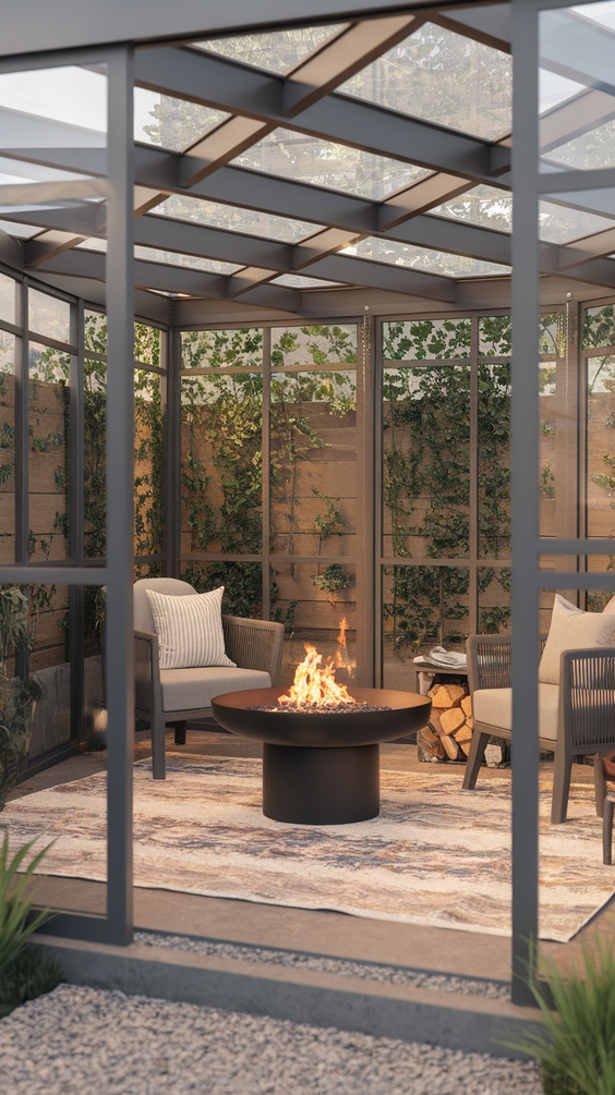 Enclosed pergola with sliding glass panels and fire table