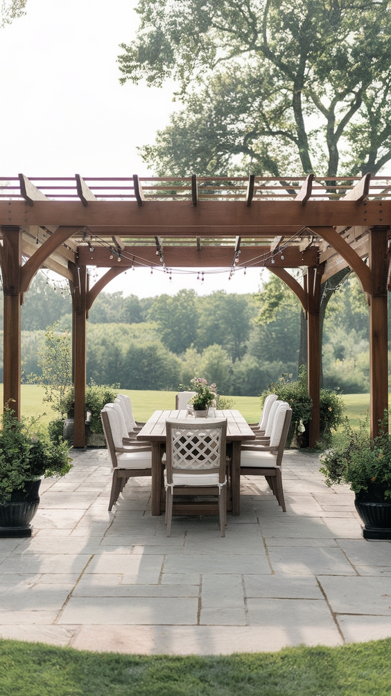 Mahogany wooden pergola with stone patio and string lights