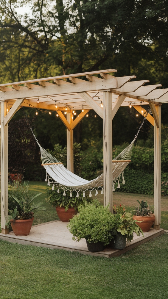 DIY pergola with hammock and string lights