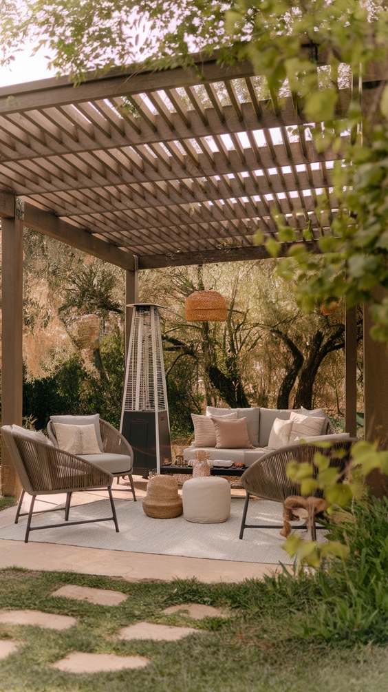 Covered pergola with outdoor lounge and heater