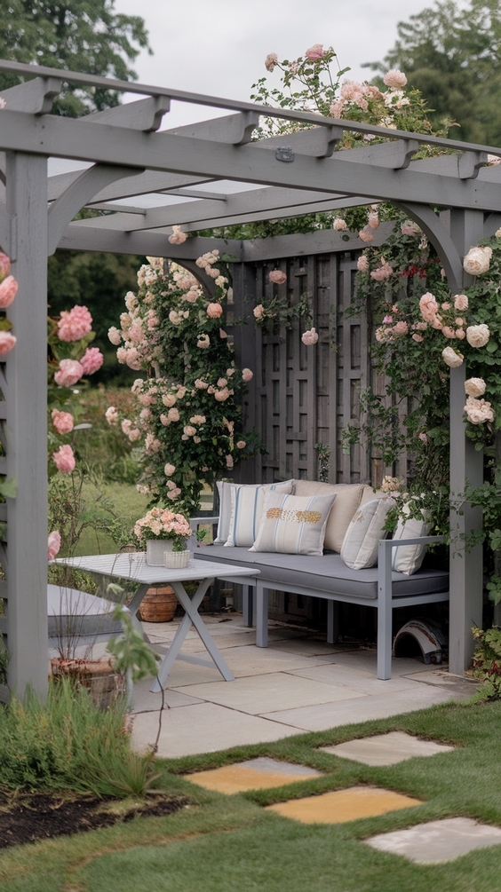 Grey-washed wooden pergola with stone patio and English roses